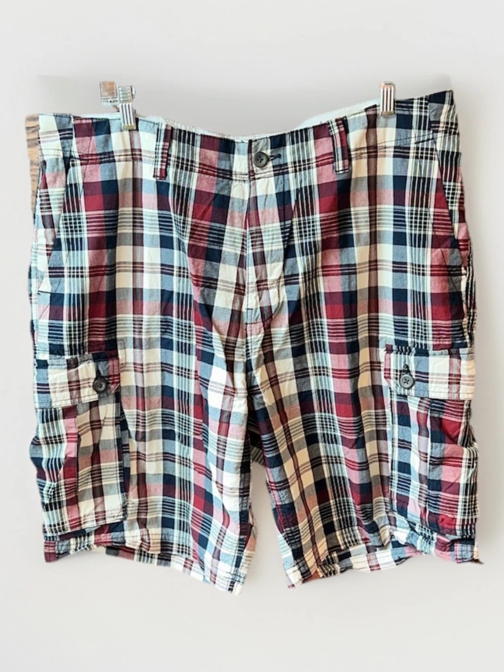 St Johns Bay‎ Mens Plaid Cargo Shorts Red Navy Blue Cotton Size 38